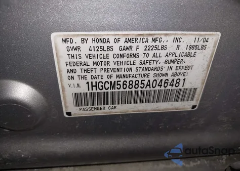 2005 Honda Accord 2.4 Ex z USA, uszkodzony, nr VIN 1HGCM56885A046481